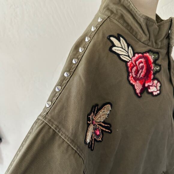 H&M | Womens Army Green Cotton Twill Bird Flower Bee Patch Bomber Jacket Small - Picture 11 of 15